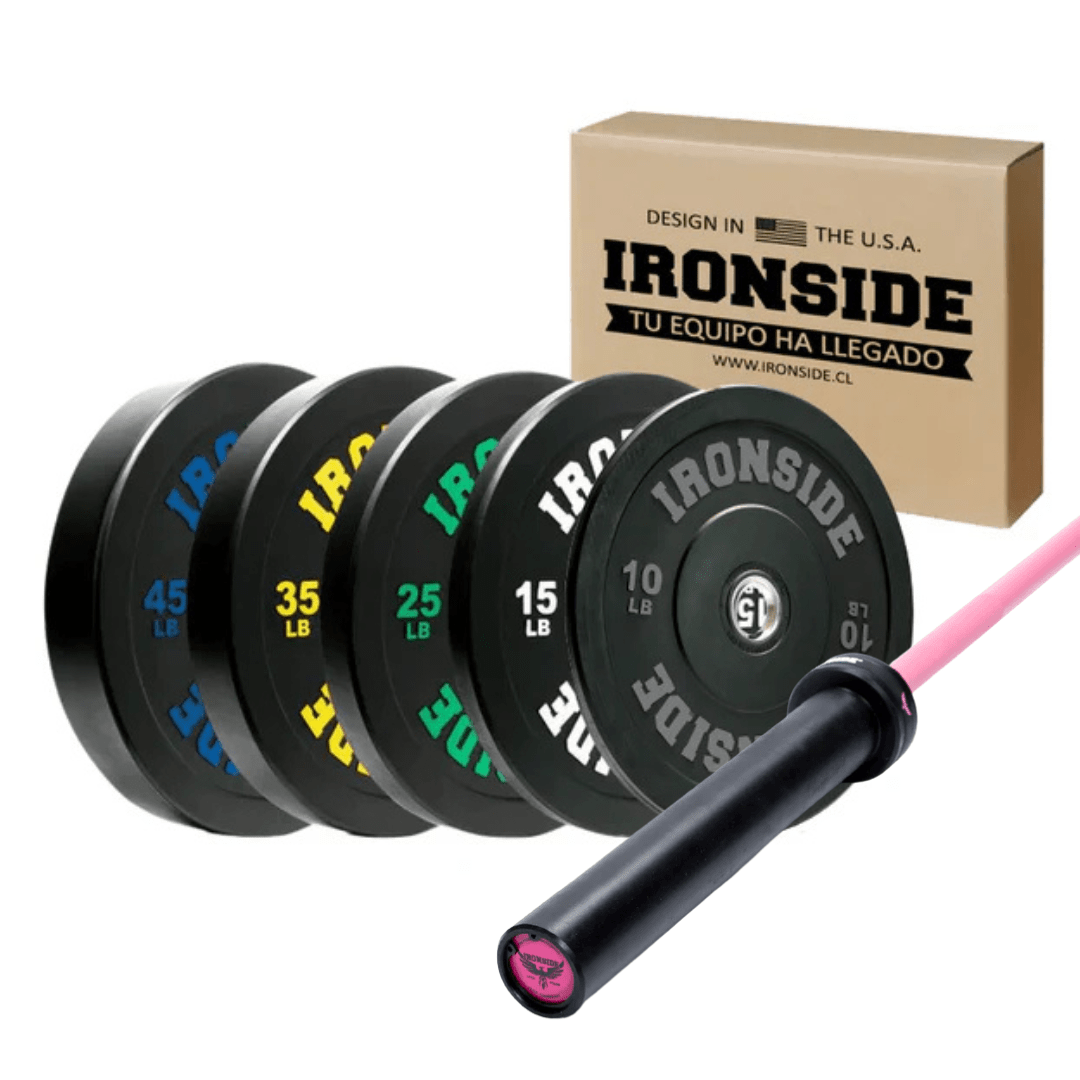 Pack IRONSIDE Barra Rosada Phoenix Cerakote (15 kg) + Set Discos PRO (260 lb)